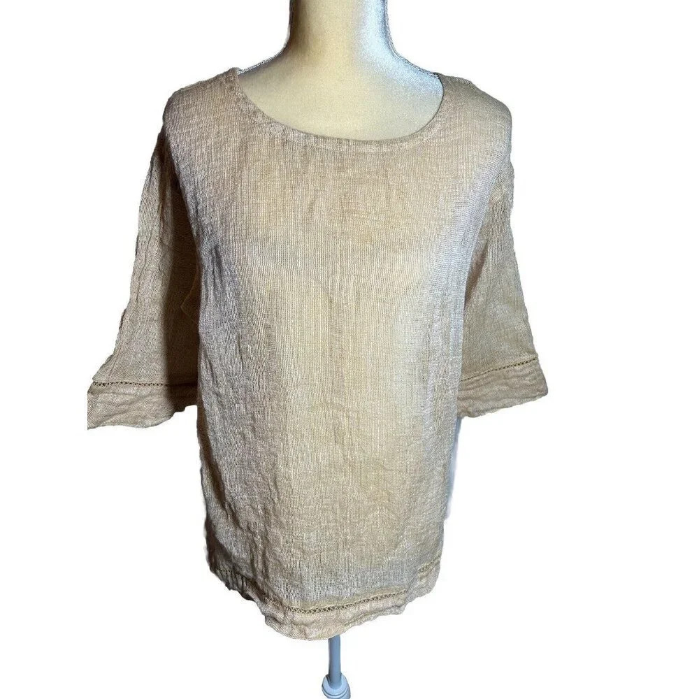 J. Jill Pure Linen Boxy Top Blouse Size M Yellow/Beige Organic Lagenlook Boho